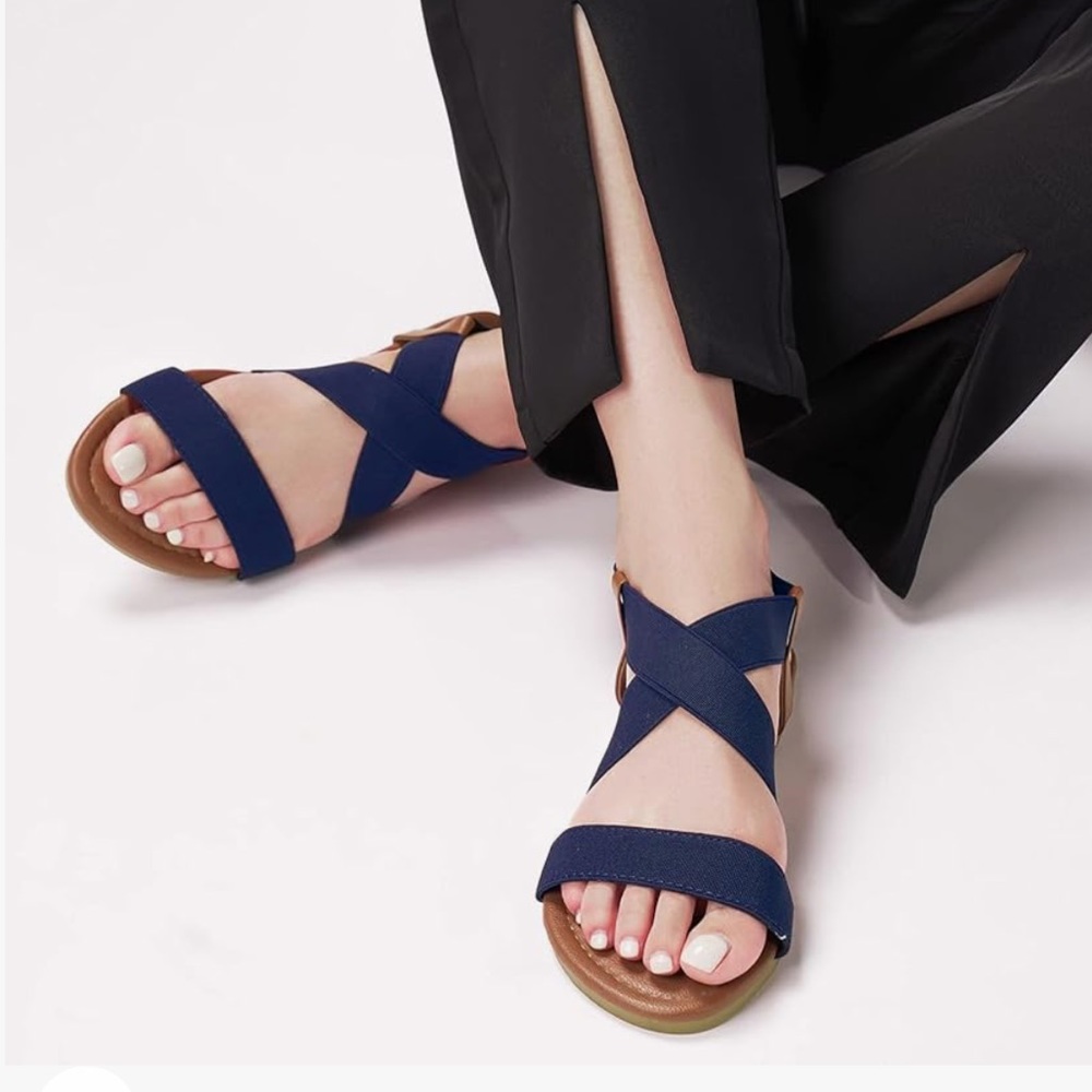 Navy blue brown leather elastic stretch strappy casual flat sandals size 6